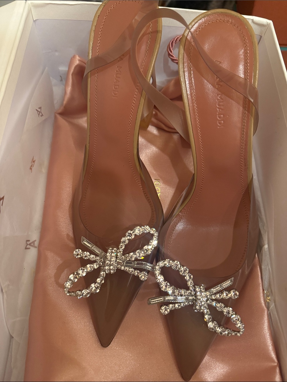 Amina Muaddi Nude Blush Pointed Slingback Heels with Crystal Bow